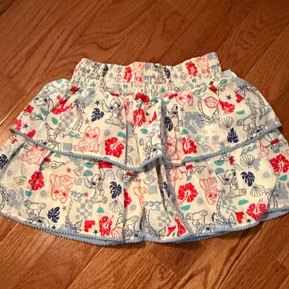 Girls White Tiered Skirt with Blue and Red Print